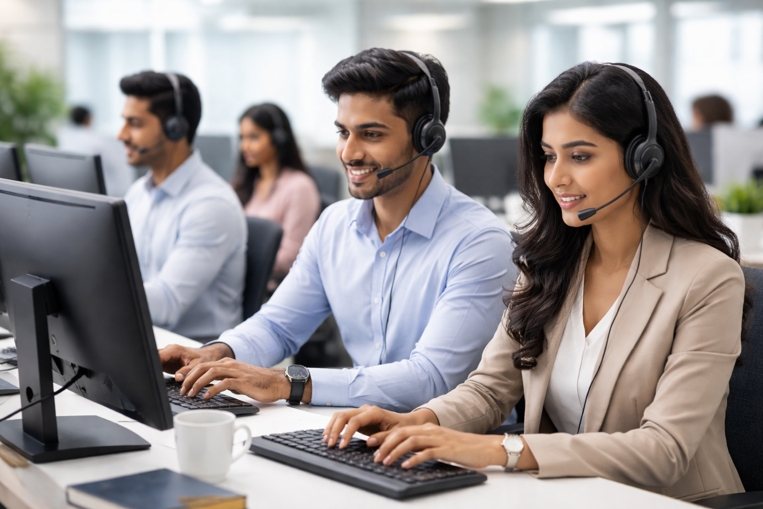 Professional business team collaborating with laptops in modern office